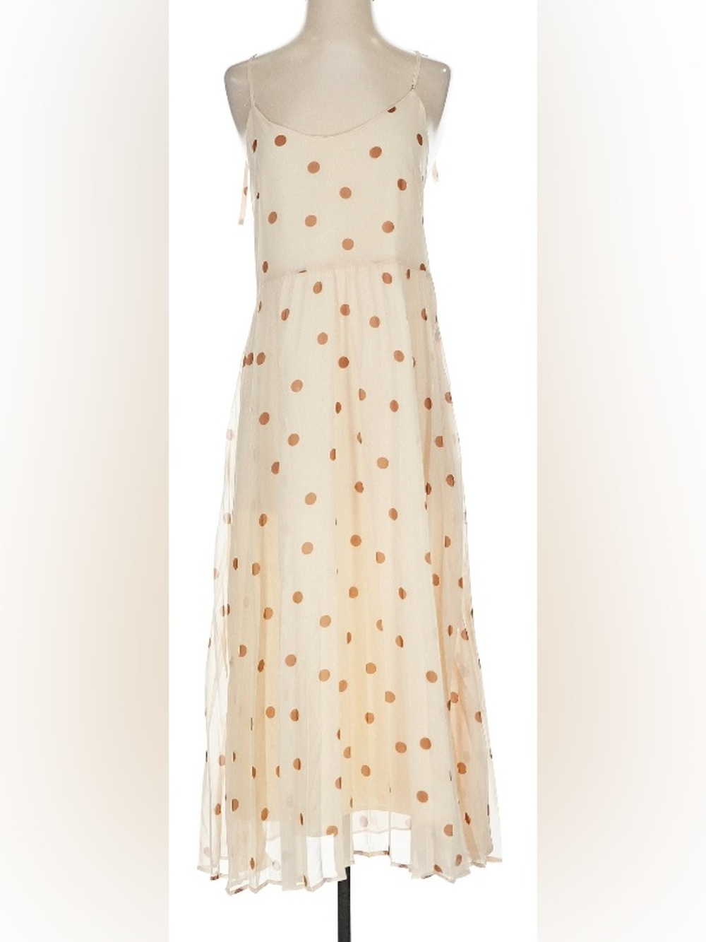 AVANTLOOK Ivory and Tan Polka Dot Maxi Slip Dress: Size Small